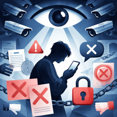 Ein großes Auge beobachtet einen Menschen und symbolisiert die Angst vor negativen Folgen der Meinnugsäußerung.