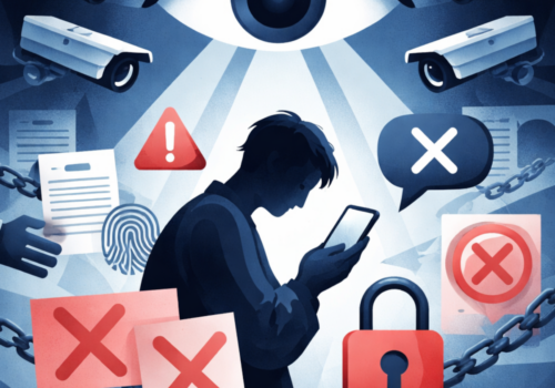 Ein großes Auge beobachtet einen Menschen und symbolisiert die Angst vor negativen Folgen der Meinnugsäußerung.