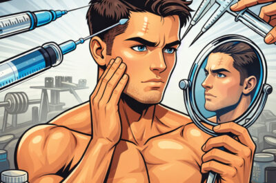 Ein Mann guckt selbstkritisch in den Spiegel und ist von Kosmetik-Produkten umgeben.