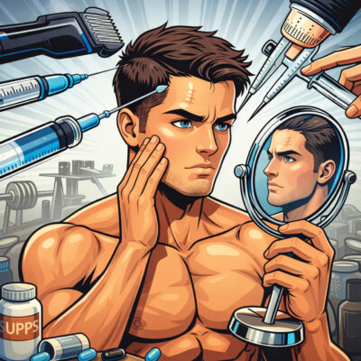 Ein Mann guckt selbstkritisch in den Spiegel und ist von Kosmetik-Produkten umgeben.