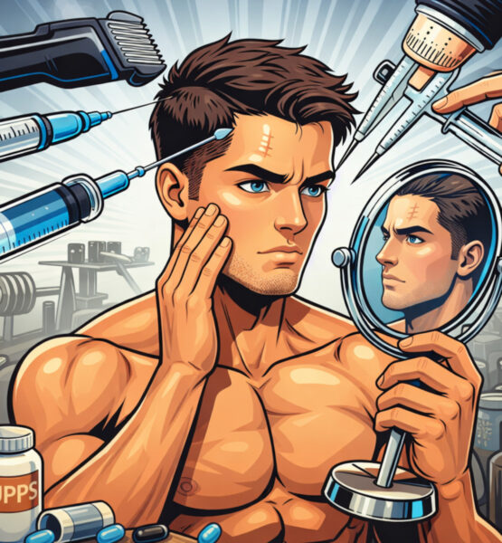 Ein Mann guckt selbstkritisch in den Spiegel und ist von Kosmetik-Produkten umgeben.