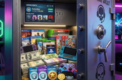 Bild 1:1, Gaming Konto, Tresor mit geld und videospielen