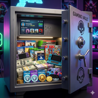 Bild 1:1, Gaming Konto, Tresor mit geld und videospielen