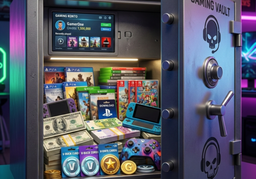 Bild 1:1, Gaming Konto, Tresor mit geld und videospielen