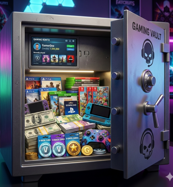 Bild 1:1, Gaming Konto, Tresor mit geld und videospielen