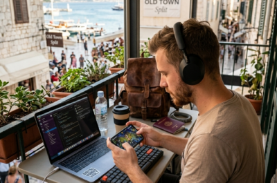 bild 1:1 digitaler Nomad, der Handy games spielt, realistisch