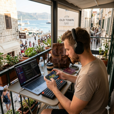 bild 1:1 digitaler Nomad, der Handy games spielt, realistisch