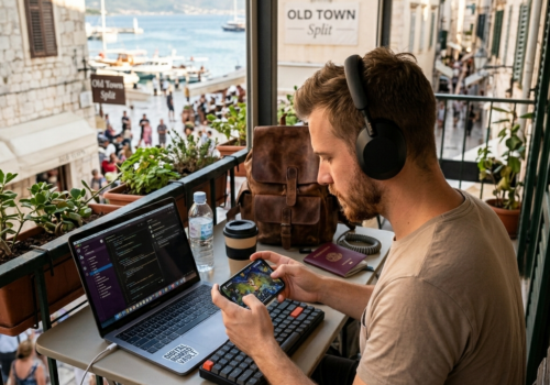 bild 1:1 digitaler Nomad, der Handy games spielt, realistisch