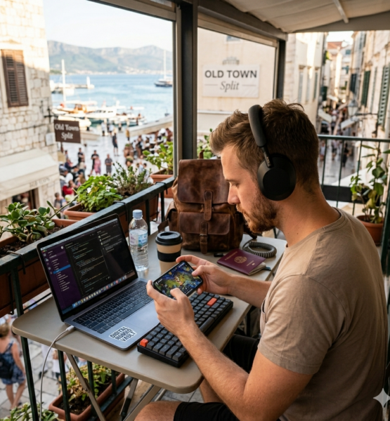 bild 1:1 digitaler Nomad, der Handy games spielt, realistisch