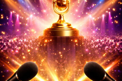 Ein goldenes Mikrofon steht inmitten einer Menschenmasse und symbolisiert eine Podcast-Preisverleihung.