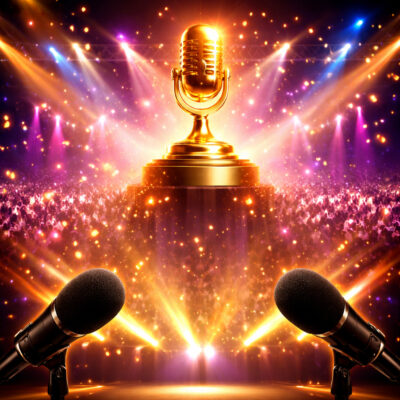 Ein goldenes Mikrofon steht inmitten einer Menschenmasse und symbolisiert eine Podcast-Preisverleihung.
