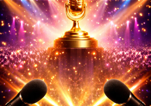 Ein goldenes Mikrofon steht inmitten einer Menschenmasse und symbolisiert eine Podcast-Preisverleihung.