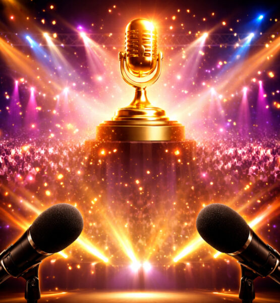 Ein goldenes Mikrofon steht inmitten einer Menschenmasse und symbolisiert eine Podcast-Preisverleihung.