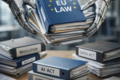 Zwei robotische Hände halten einen dicken blauen Aktenordner mit EU-Symbol über einem Stapel von Dokumenten und Gesetzesordnern auf einem Schreibtisch. Um den Tisch liegen weitere Ordner mit Bezeichnungen wie „AI Act“, „GDPR“ und „Data Act“, wodurch der Eindruck entsteht, dass mehrere EU-Gesetze in einem einzigen Ordner gebündelt und zusammengeführt werden.