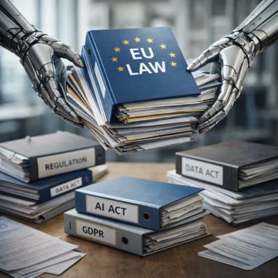 Zwei robotische Hände halten einen dicken blauen Aktenordner mit EU-Symbol über einem Stapel von Dokumenten und Gesetzesordnern auf einem Schreibtisch. Um den Tisch liegen weitere Ordner mit Bezeichnungen wie „AI Act“, „GDPR“ und „Data Act“, wodurch der Eindruck entsteht, dass mehrere EU-Gesetze in einem einzigen Ordner gebündelt und zusammengeführt werden.
