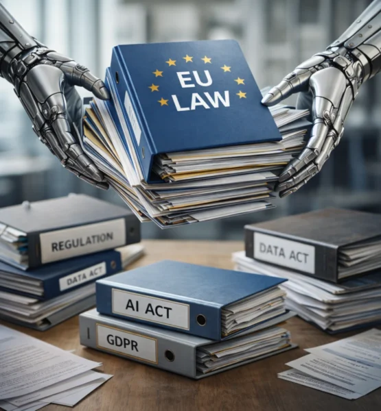 Zwei robotische Hände halten einen dicken blauen Aktenordner mit EU-Symbol über einem Stapel von Dokumenten und Gesetzesordnern auf einem Schreibtisch. Um den Tisch liegen weitere Ordner mit Bezeichnungen wie „AI Act“, „GDPR“ und „Data Act“, wodurch der Eindruck entsteht, dass mehrere EU-Gesetze in einem einzigen Ordner gebündelt und zusammengeführt werden.