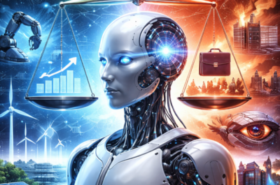 Ein Roboter in der Mitte. Links und Rechts davon werden die Vor-und Nachteile von Künstlicher Intelligenz abgewogen.