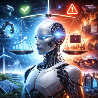 Ein Roboter in der Mitte. Links und Rechts davon werden die Vor-und Nachteile von Künstlicher Intelligenz abgewogen.