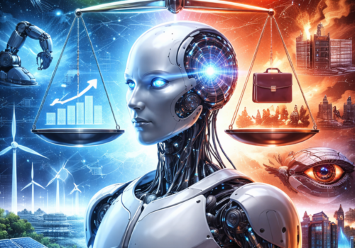 Ein Roboter in der Mitte. Links und Rechts davon werden die Vor-und Nachteile von Künstlicher Intelligenz abgewogen.