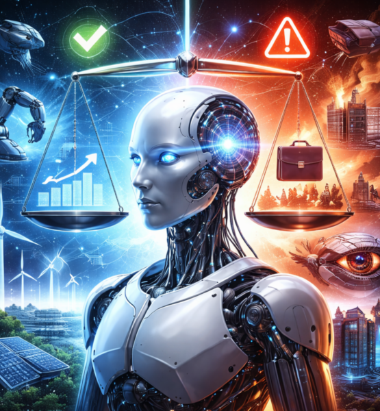 Ein Roboter in der Mitte. Links und Rechts davon werden die Vor-und Nachteile von Künstlicher Intelligenz abgewogen.