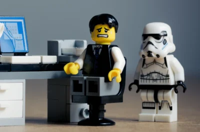Ein LEGO-Männchen im Anzug sitzt gestresst an einem Schreibtisch vor einem Computer, während hinter ihm eine LEGO-Figur eines Stormtroopers steht.