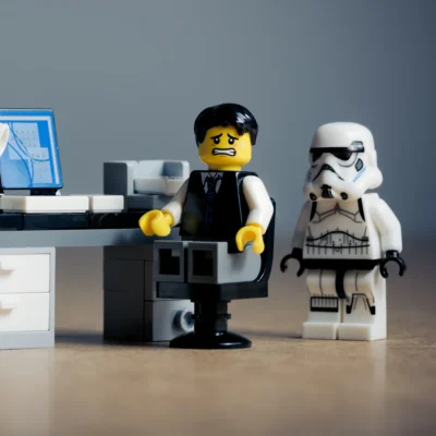 Ein LEGO-Männchen im Anzug sitzt gestresst an einem Schreibtisch vor einem Computer, während hinter ihm eine LEGO-Figur eines Stormtroopers steht.