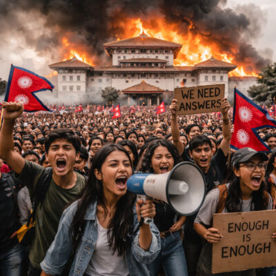 Junge Leute protestieren vor dem brennenden Parlamentsgebäude in Nepal
