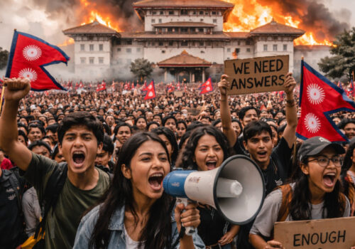 Junge Leute protestieren vor dem brennenden Parlamentsgebäude in Nepal