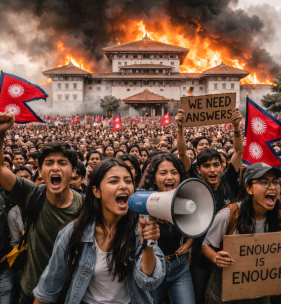 Junge Leute protestieren vor dem brennenden Parlamentsgebäude in Nepal