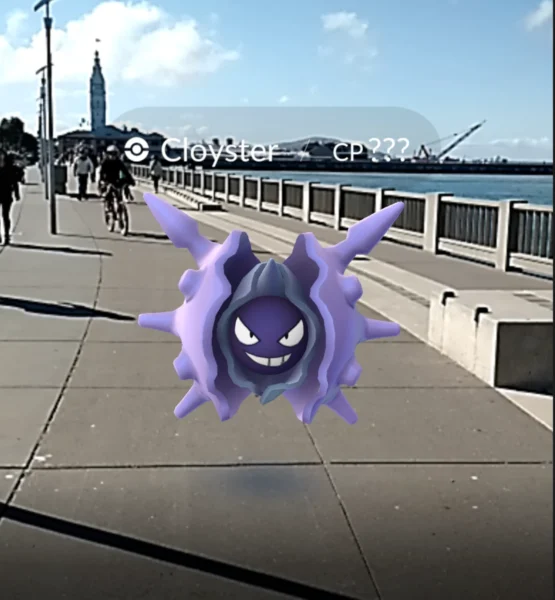 Ein Screenshot aus Pokémon GO zeigt ein lilafarbenes Pokémon (Cloyster), das scheinbar auf einem Gehweg an einer Uferpromenade schwebt. Im Hintergrund sind ein Geländer, Wasser, ein Fahrradfahrer und ein Turm zu sehen, während die reale Umgebung mit der Augmented-Reality-Darstellung kombiniert wird.