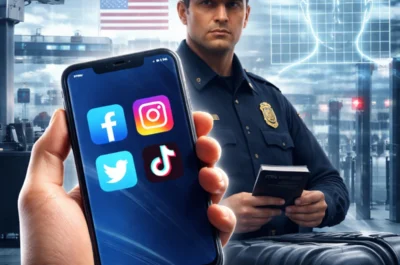 Reisender hält ein Smartphone mit Social-Media-Apps vor einem US-Grenzbeamten am Flughafen, während Überwachungskameras und digitale Scan-Grafiken im Hintergrund zu sehen sind.