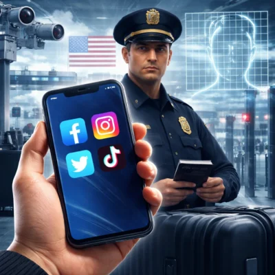 Reisender hält ein Smartphone mit Social-Media-Apps vor einem US-Grenzbeamten am Flughafen, während Überwachungskameras und digitale Scan-Grafiken im Hintergrund zu sehen sind.