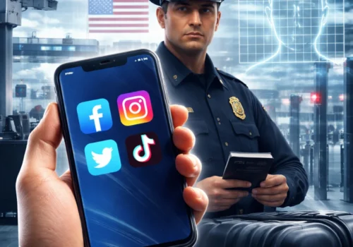 Reisender hält ein Smartphone mit Social-Media-Apps vor einem US-Grenzbeamten am Flughafen, während Überwachungskameras und digitale Scan-Grafiken im Hintergrund zu sehen sind.