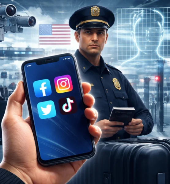 Reisender hält ein Smartphone mit Social-Media-Apps vor einem US-Grenzbeamten am Flughafen, während Überwachungskameras und digitale Scan-Grafiken im Hintergrund zu sehen sind.