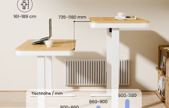 Höhenverstellbarer Schreibtisch in zwei Positionen, geeignet für sitzendes und stehendes Arbeiten in unterschiedlichen Höhenbereichen