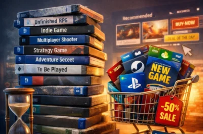 Ein digital illustriertes quadratisches Bild zeigt links einen hohen Stapel von Videospielhüllen mit Beschriftungen wie „Unfinished RPG“, „Indie Game“ und „To Be Played“, daneben eine Sanduhr als Symbol für begrenzte Zeit. Rechts steht ein Einkaufswagen voller neuer Spiele und Guthabenkarten mit einem auffälligen „-50% Sale“-Anhänger.