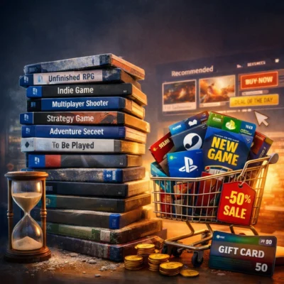 Ein digital illustriertes quadratisches Bild zeigt links einen hohen Stapel von Videospielhüllen mit Beschriftungen wie „Unfinished RPG“, „Indie Game“ und „To Be Played“, daneben eine Sanduhr als Symbol für begrenzte Zeit. Rechts steht ein Einkaufswagen voller neuer Spiele und Guthabenkarten mit einem auffälligen „-50% Sale“-Anhänger.