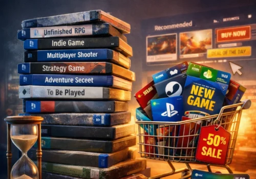 Ein digital illustriertes quadratisches Bild zeigt links einen hohen Stapel von Videospielhüllen mit Beschriftungen wie „Unfinished RPG“, „Indie Game“ und „To Be Played“, daneben eine Sanduhr als Symbol für begrenzte Zeit. Rechts steht ein Einkaufswagen voller neuer Spiele und Guthabenkarten mit einem auffälligen „-50% Sale“-Anhänger.