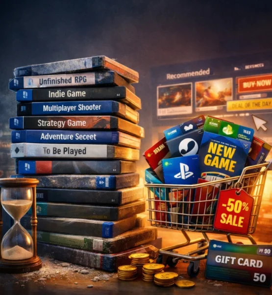 Ein digital illustriertes quadratisches Bild zeigt links einen hohen Stapel von Videospielhüllen mit Beschriftungen wie „Unfinished RPG“, „Indie Game“ und „To Be Played“, daneben eine Sanduhr als Symbol für begrenzte Zeit. Rechts steht ein Einkaufswagen voller neuer Spiele und Guthabenkarten mit einem auffälligen „-50% Sale“-Anhänger.
