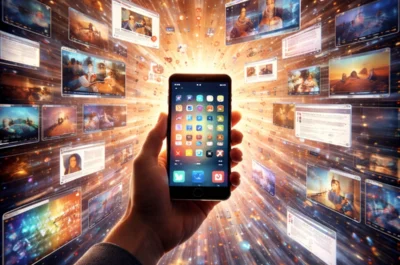 Eine Hand hält ein Smartphone, aus dem ein heller Lichtstrahl strömt, während rundherum zahlreiche schwebende Bildschirme mit digitalen Inhalten in einer dynamischen, überladenen Umgebung erscheinen.
