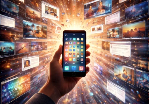 Eine Hand hält ein Smartphone, aus dem ein heller Lichtstrahl strömt, während rundherum zahlreiche schwebende Bildschirme mit digitalen Inhalten in einer dynamischen, überladenen Umgebung erscheinen.