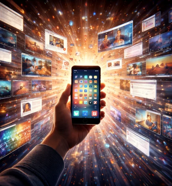 Eine Hand hält ein Smartphone, aus dem ein heller Lichtstrahl strömt, während rundherum zahlreiche schwebende Bildschirme mit digitalen Inhalten in einer dynamischen, überladenen Umgebung erscheinen.