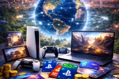 Ein quadratisches, digital illustriertes Bild zeigt im Zentrum eine leuchtende Erdkugel, umgeben von vernetzten Lichtlinien, die globale Verbindungen symbolisieren. Im Vordergrund stehen verschiedene Gaming-Geräte wie Konsole, Controller, Laptop und Tablet auf einem Tisch. Daneben liegen mehrere Zahlungskarten und gestapelte Münzen, die digitale Käufe darstellen. Im Hintergrund erstreckt sich eine farbenreiche Stadtszenerie bei Dämmerung, die den internationalen Charakter der Gaming-Wirtschaft visuell unterstreicht.