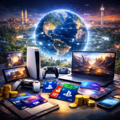 Ein quadratisches, digital illustriertes Bild zeigt im Zentrum eine leuchtende Erdkugel, umgeben von vernetzten Lichtlinien, die globale Verbindungen symbolisieren. Im Vordergrund stehen verschiedene Gaming-Geräte wie Konsole, Controller, Laptop und Tablet auf einem Tisch. Daneben liegen mehrere Zahlungskarten und gestapelte Münzen, die digitale Käufe darstellen. Im Hintergrund erstreckt sich eine farbenreiche Stadtszenerie bei Dämmerung, die den internationalen Charakter der Gaming-Wirtschaft visuell unterstreicht.