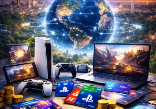 Ein quadratisches, digital illustriertes Bild zeigt im Zentrum eine leuchtende Erdkugel, umgeben von vernetzten Lichtlinien, die globale Verbindungen symbolisieren. Im Vordergrund stehen verschiedene Gaming-Geräte wie Konsole, Controller, Laptop und Tablet auf einem Tisch. Daneben liegen mehrere Zahlungskarten und gestapelte Münzen, die digitale Käufe darstellen. Im Hintergrund erstreckt sich eine farbenreiche Stadtszenerie bei Dämmerung, die den internationalen Charakter der Gaming-Wirtschaft visuell unterstreicht.