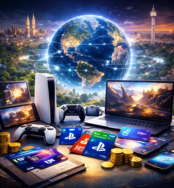 Ein quadratisches, digital illustriertes Bild zeigt im Zentrum eine leuchtende Erdkugel, umgeben von vernetzten Lichtlinien, die globale Verbindungen symbolisieren. Im Vordergrund stehen verschiedene Gaming-Geräte wie Konsole, Controller, Laptop und Tablet auf einem Tisch. Daneben liegen mehrere Zahlungskarten und gestapelte Münzen, die digitale Käufe darstellen. Im Hintergrund erstreckt sich eine farbenreiche Stadtszenerie bei Dämmerung, die den internationalen Charakter der Gaming-Wirtschaft visuell unterstreicht.