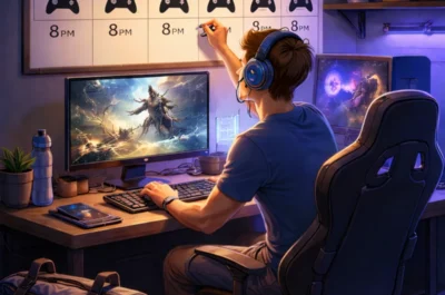 Ein junger Mann mit Kopfhörern sitzt an einem Schreibtisch in einem stimmungsvoll beleuchteten Zimmer und spielt am Computer ein Fantasy-Spiel. Vor ihm hängen zwei Monitore mit Spielszenen, während er gleichzeitig an einem großen Wandkalender schreibt, auf dem für jeden Tag um 20 Uhr Gaming-Zeiten mit Controller-Symbolen eingetragen sind.