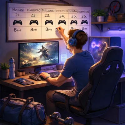 Ein junger Mann mit Kopfhörern sitzt an einem Schreibtisch in einem stimmungsvoll beleuchteten Zimmer und spielt am Computer ein Fantasy-Spiel. Vor ihm hängen zwei Monitore mit Spielszenen, während er gleichzeitig an einem großen Wandkalender schreibt, auf dem für jeden Tag um 20 Uhr Gaming-Zeiten mit Controller-Symbolen eingetragen sind.