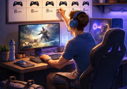 Ein junger Mann mit Kopfhörern sitzt an einem Schreibtisch in einem stimmungsvoll beleuchteten Zimmer und spielt am Computer ein Fantasy-Spiel. Vor ihm hängen zwei Monitore mit Spielszenen, während er gleichzeitig an einem großen Wandkalender schreibt, auf dem für jeden Tag um 20 Uhr Gaming-Zeiten mit Controller-Symbolen eingetragen sind.