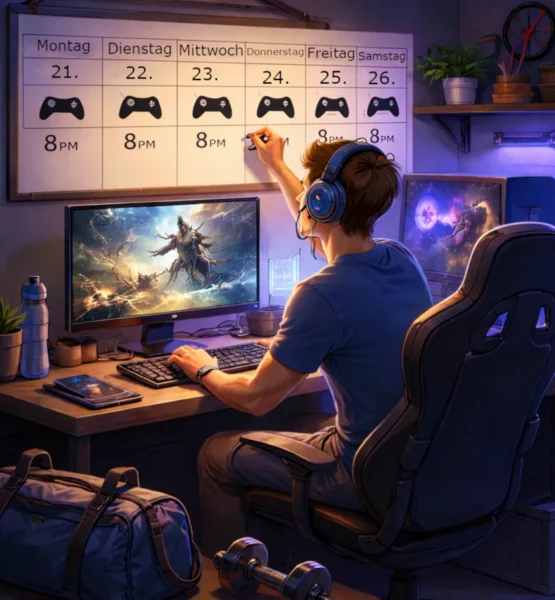 Ein junger Mann mit Kopfhörern sitzt an einem Schreibtisch in einem stimmungsvoll beleuchteten Zimmer und spielt am Computer ein Fantasy-Spiel. Vor ihm hängen zwei Monitore mit Spielszenen, während er gleichzeitig an einem großen Wandkalender schreibt, auf dem für jeden Tag um 20 Uhr Gaming-Zeiten mit Controller-Symbolen eingetragen sind.